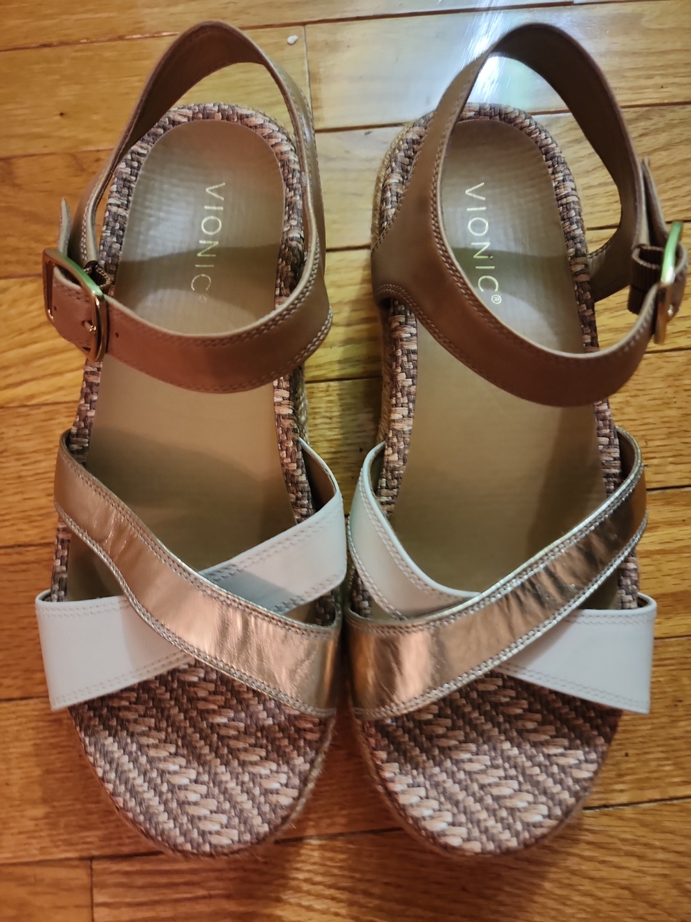 Vionic Mar Metallic Gold, Beige & Tan Wedge Sandals